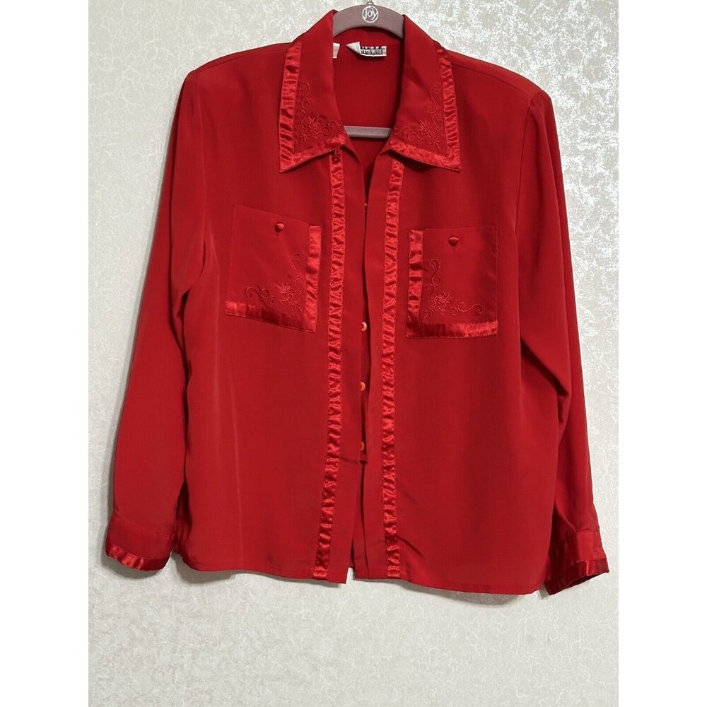Vintage Christie &‎ Jill Red Button Up Blouse Satin Trim Embroidered Petite 14P